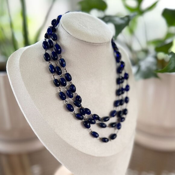 Brilliant Deep Blue Ethnic Hand-Made Glass Beads Necklace Wired 41" Long - Picture 3 of 10